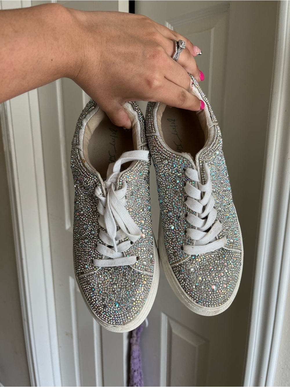 Betsey Johnson Silver Sparkle Rhinestone Lace-Up Sneakers